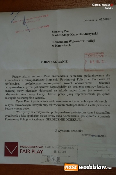 Zdjęcie w galerii na portalu naszwodzislaw.com: Firma z Lubomi podziękowała raciborskiej policji za odzyskanie pieniędzy wiadomości z regionu