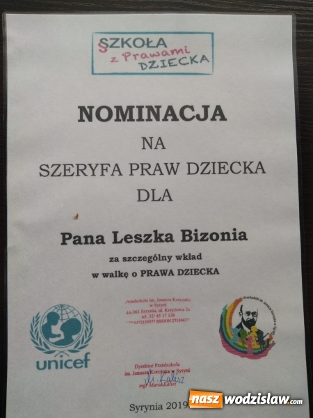 Zdjęcie w galerii na portalu naszwodzislaw.com: Starosta Bizoń Szeryfem Praw Dziecka wiadomości z regionu
