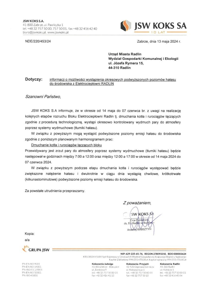 Zdjęcie w galerii na portalu naszwodzislaw.com: JSW informuje. W Radlinie może być głośno wiadomości z regionu