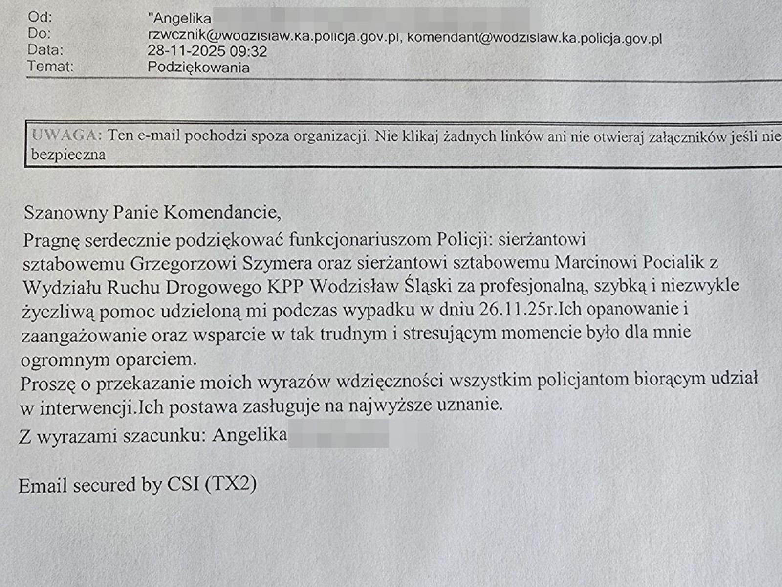 Zdjęcie w galerii na portalu naszwodzislaw.com: Ich postawa zasługuje na najwyższe uznanie. Wodzisławscy policjanci z podziękowaniami wiadomości z regionu
