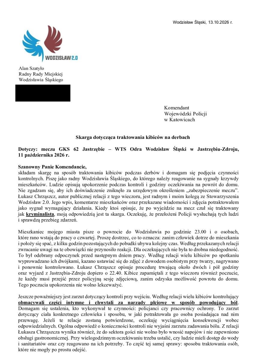 Zdjęcie w galerii na portalu naszwodzislaw.com: Sześć osób zatrzymanych po derbach Odry z GKS-em. Radny Alan Szatyło skarży działania policji wiadomości z regionu