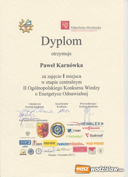 Zdjęcie w galerii na portalu naszwodzislaw.com: Paweł Karnówka najlepszy w Ogólnopolskim Konkursie Wiedzy o Energetyce Odnawialnej wiadomości z regionu